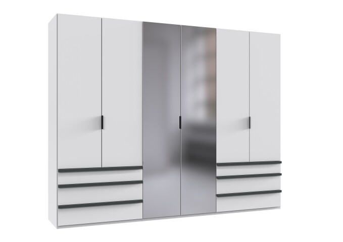 Falttürenschrank >OXFORD< in WEISS mit Spiegel - 300x216x58cm (BxHxT)