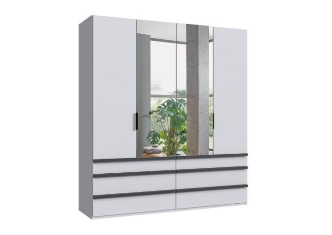 Falttürenschrank >OXFORD< in WEISS mit Spiegel - 200x216x58cm (BxHxT)