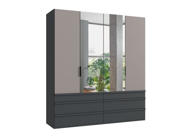Falttürenschrank >OXFORD< in Saharagrau / Grafit / Spiegel - 200x216x58 (BxHxT)