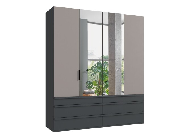 Falttürenschrank >OXFORD< in Saharagrau / Grafit / Spiegel - 200x236x58 (BxHxT)