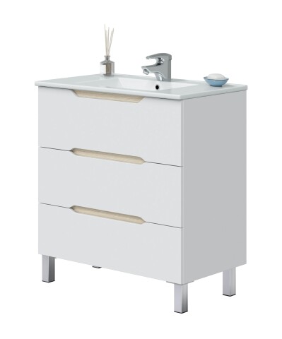 Waschtisch-Set >LEA< (2-tlg.) inkl. Waschbecken, Weiß / Eiche Dekor - 80x86x45 (BxHxT)