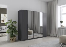 Drehtürenschrank >Alba< inkl. Inneneinteilung, grau metallic / Spiegel - 226x197x54 (BxHxT)