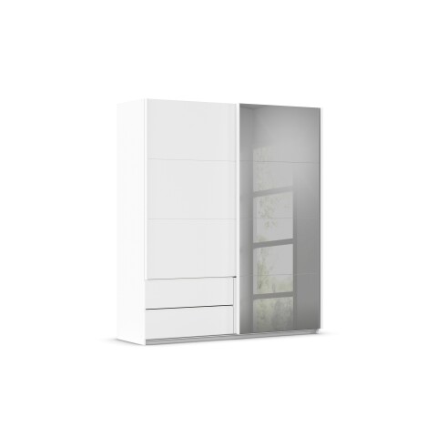 Schwebetürenschrank >Elara< in alpinweiß / Grauspiegel - 181x210x62 (BxHxT)