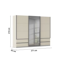 Schwebetürenschrank >Elara< in champagner / Grauspiegel - 271x210x62 (BxHxT)