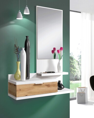 Garderoben-Set >DHALIA< in Artik Weiß / Nodi Eiche Dekor - 81x116x29 (BxHxT)