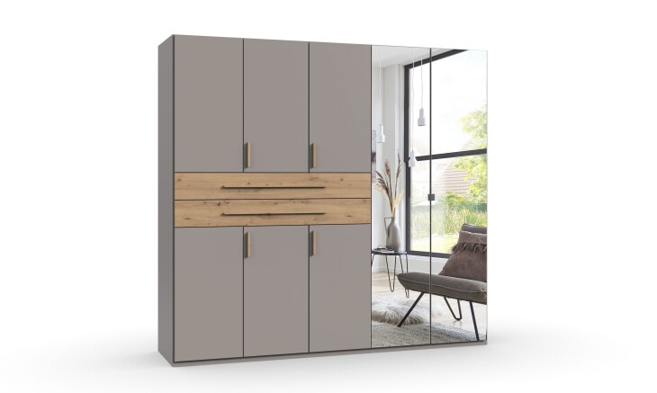 Drehtürenschrank >DIGIT< in SAHARAGRAU / EICHE / SPIEGEL - 225x208x58cm (BxHxT)