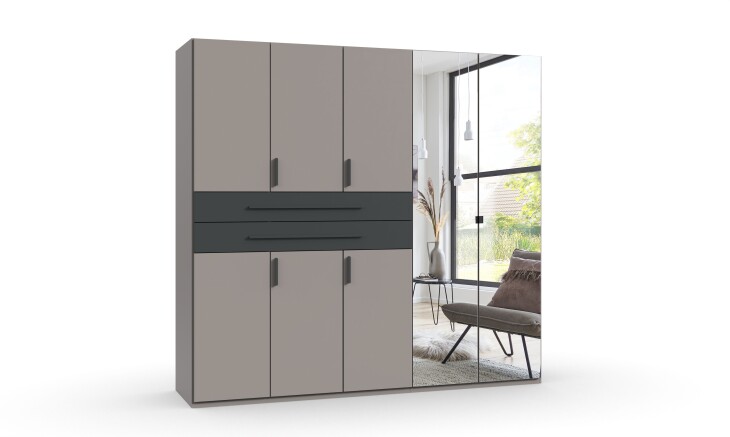 Drehtürenschrank >DIGIT< in SAHARAGRAU / GRAFIT / SPIEGEL  - 225x208x58 (BxHxT)