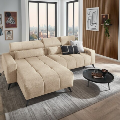 Polstergarnitur >Bali< elektr. Sitztiefenverstellung, Bezug beige - 267x95x185cm (BxHxT)