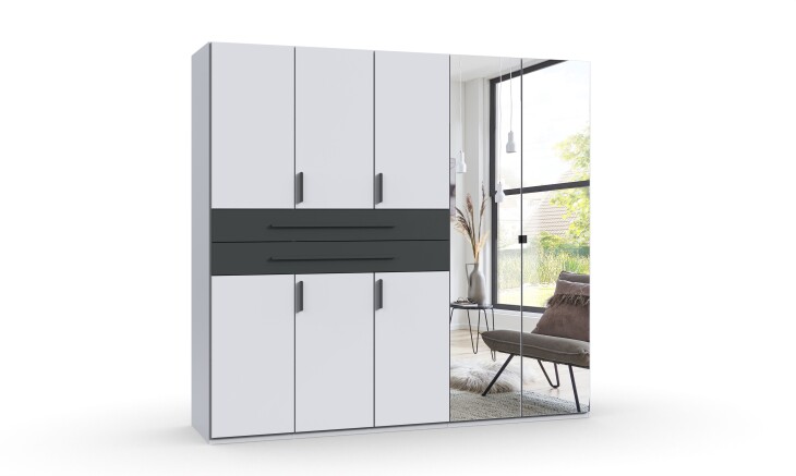 Drehtürenschrank >DIGIT< in WEISS / SCHWARZ / SPIEGEL - 225x208x58cm (BxHxT)
