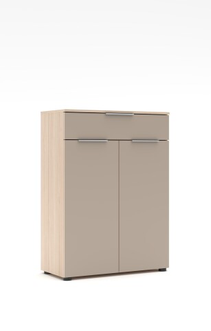Kommode >Santorin< in Riva Eiche / Cashmere, Melamin + Glas - 80x110x38 (BxHxT)