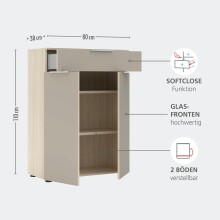 Kommode >Santorin< in Riva Eiche / Cashmere, Melamin + Glas - 80x110x38 (BxHxT)
