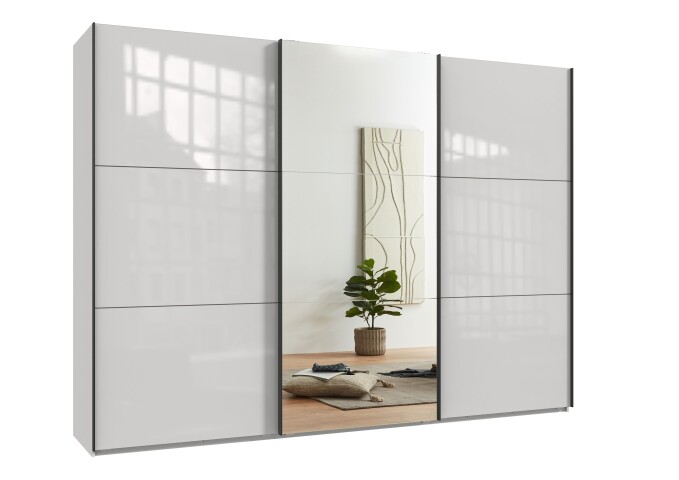 Schwebetürenschrank >indiana C< in WEISS + GLAS / SPIEGEL - 300x216x65cm (BxHxT)