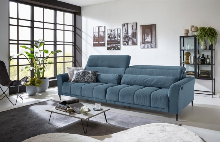 Big-Sofa >Wolve< 2x elektr. Verstellung, Cord blau - 280x108x118cm (BxHxT)