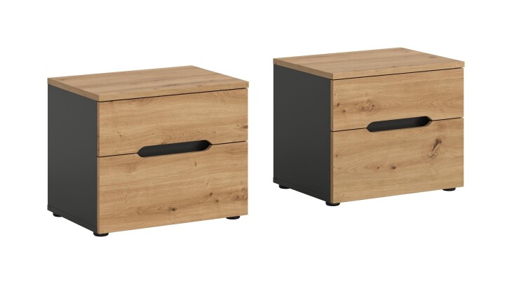 Nachtkommode >Canu< 2er Set in Basalt Grau / Artisan - 50x42x37cm (BxHxT)