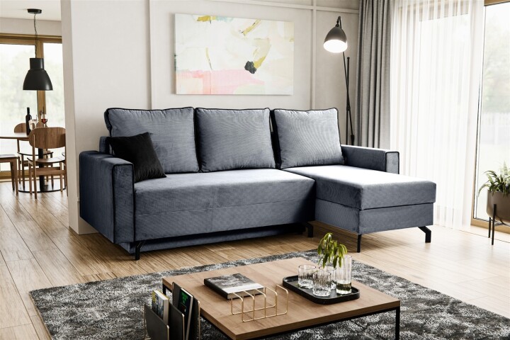 Ecksofa >Marti< in blau-grau, Cord - 230x89x148cm (BxHxT)