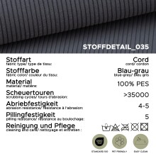 Ecksofa >Marti< in blau-grau, Cord - 230x89x148cm (BxHxT)