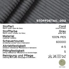 Ecksofa >Bolivia< in grau, Cord - 276x91x183cm (BxHxT)