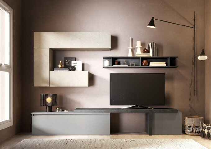 Wohnwand >Ilary< in Ardesia / Argilla / Piombo - 260x190x40 (BxHxT)