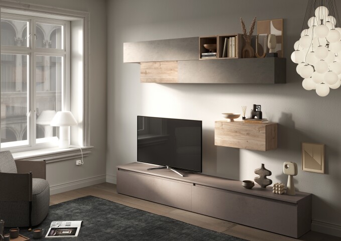 Wohnwand >Ilary< in Argilla / Bronzo / Eiche Cadiz Nachbildung, Holzwerkstoff