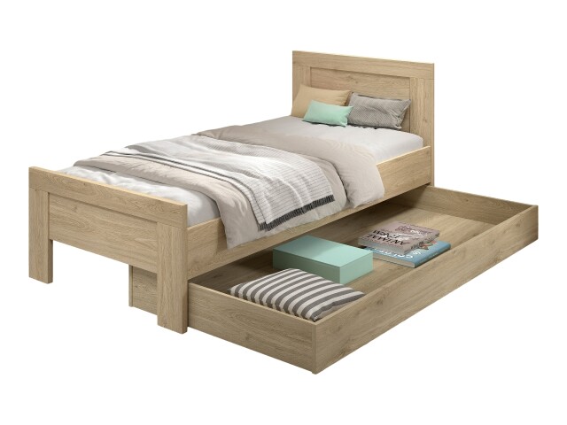 Stauraumbett >Sam< in Eiche Melamin Dekor, Holzwerkstoff - 206,4x87x94,6 (BxHxT)