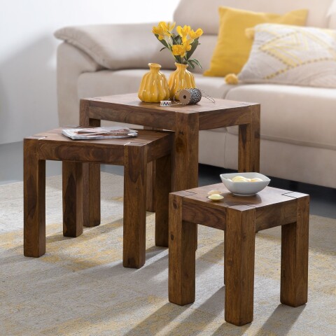 Satztisch >WL1.212< (3er Set) in Sheesham, Massivholz - 45x50x35cm (BxHxT)