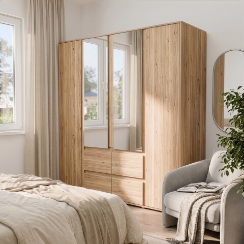 Drehtürenschrank >LISSON< 2 Schubladen, Mauvella Eiche Dekor - 177,5x193,7x60cm (BxHxT)
