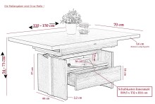 Couchtisch >Noah< mit Funktionen, Eiche Dekor, Schubkasten - 110-150x54-73x70cm (B/H/T)