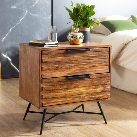 Nachtkommode >NISHAN< in Sheesham, Massivholz - 85x60x40cm (BxHxT)