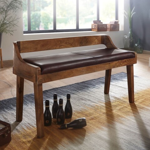 Sitzbank >WL6.085< in Braun, Echtleder / Massivholz - 108x63x43cm (BxHxT)