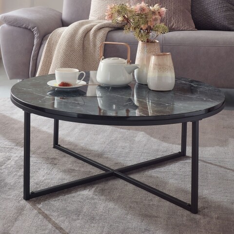 Couchtisch >WL6.247< in Marmor Optik, Holzwerkstoff / MEtall - 35x80cm (HxD)