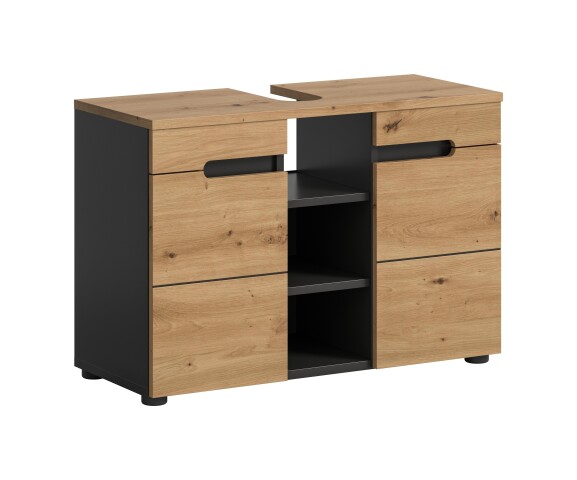 Waschbeckenunterschrank >Canu< in Basalt /Artisan Eiche Dekor - 80x55x34 (BxHxT)