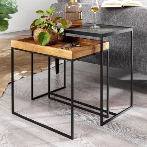 Satztisch >WL6.636< (2-teilig) in Mango / schwarz - 60x50x30 (BxHxT)