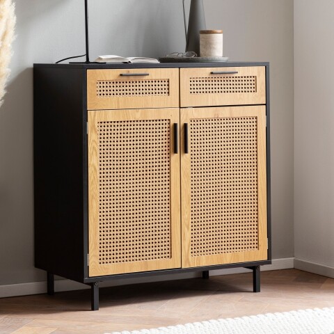 Kommode >WL6.830< in Schwarz / Wiener Geflecht, Holzwerkstoff - 80x87x40 (BxHxT)