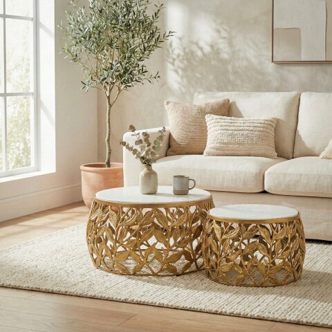Satztisch >WL7.340< (2-teilig) in Gold, Marmor & Aluminium - 33x60cm (HxD)
