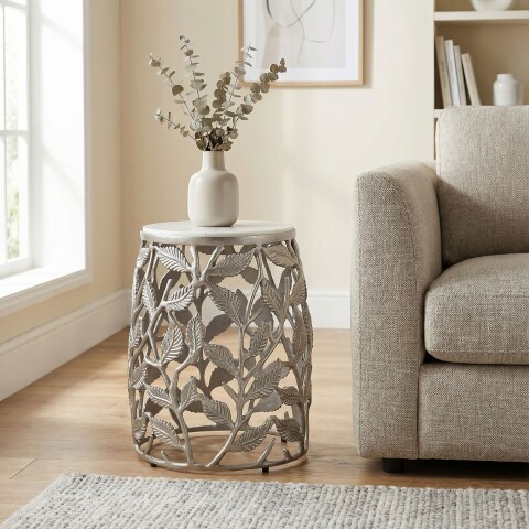 Beistelltisch >WL7.343< in Silber, Marmor & Aluminium - 46x40cm (HxD)