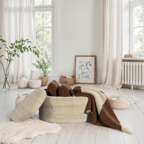 Sitzhocker >WL7.426< mit Stauraum, in Braun, Wollstoff - 81x62x40cm (LxBxH)
