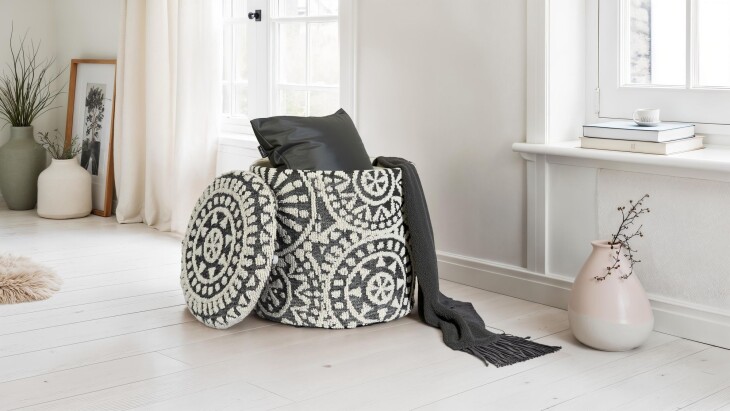 Pouf >WL7.429< mit Stauraum, in grau / creme, Stoff - 45x40cm (HxD)