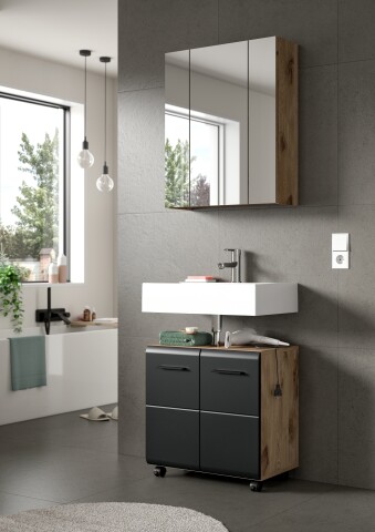 Badezimmer-Set >Ice< in Nox Oak Dekor / Schwarz - 60x185x30cm (BxHxT)