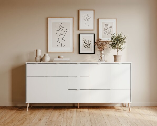 Sideboard >Soma< in weiß / Dekor Eiche, Holzwerkstoff - 190x90x40cm (BxHxT)