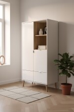 Highboard >Soma< in weiß / Dekor Eiche, Holzwerkstoff - 78x154x40cm (BxHxT)