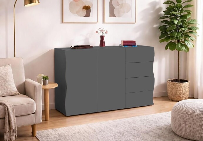 Sideboard >ONDA< in Matt Anthrazit, Holzwerkstoff - 129,7x81,2x40cm (BxHxT)