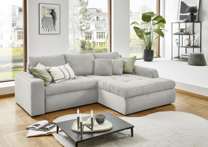 Polsterecke >Luno< Stauraum+Schlaffunktion, Cord silbergrau - 241x89x175cm (BxHxT)