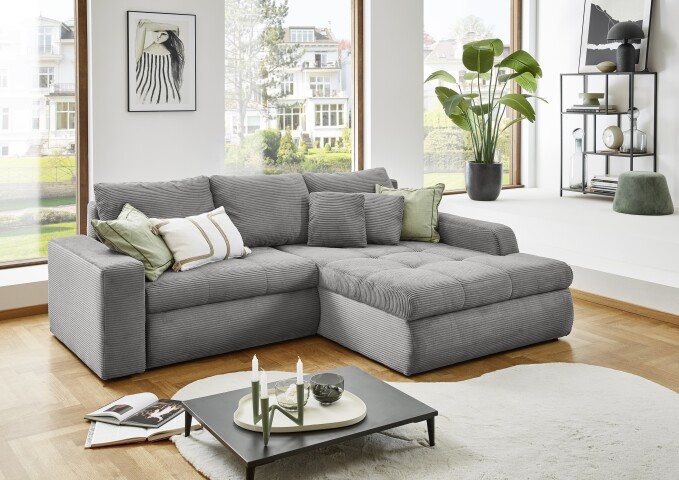 Polsterecke >Luno< Stauraum+Schlaffunktion, Cord hellgrau - 241x89x175cm (BxHxT)