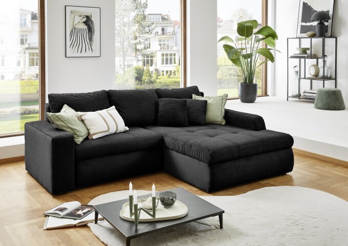 Polsterecke >Luno< Stauraum+Schlaffunktion, Cord schwarz - 241x89x175cm (BxHxT)
