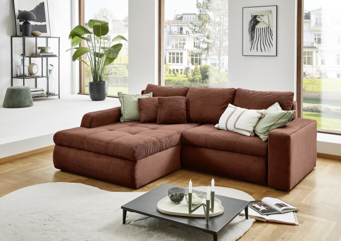 Polsterecke >Luno< Stauraum+Schlaffunktion, Cord rost - 241x89x175cm (BxHxT)