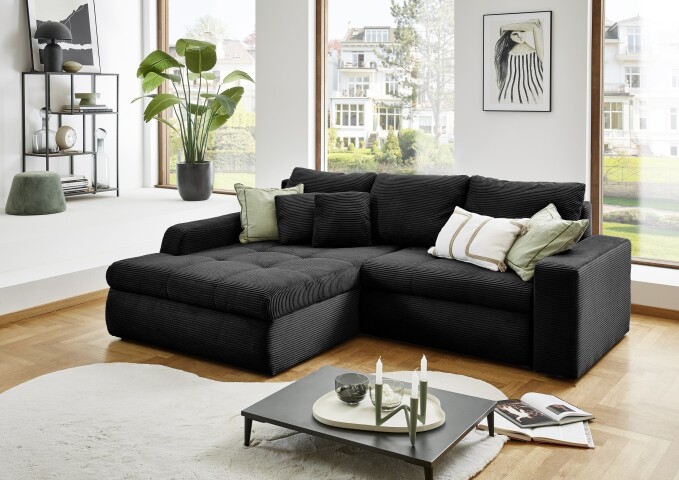 Polsterecke >Luno< elektr. Sitztiefenverstellung, Cord schwarz - 241x89x175cm (BxHxT)