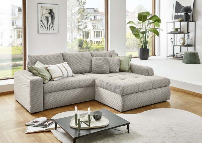 Polsterecke >Luno< elektr. Sitztiefenverstellung, Cord creme - 241x89x175cm (BxHxT)