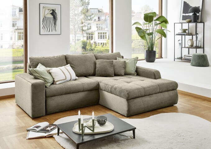 Polsterecke >Luno< elektr. Sitztiefenverstellung, Cord grün - 241x89x175cm (BxHxT)