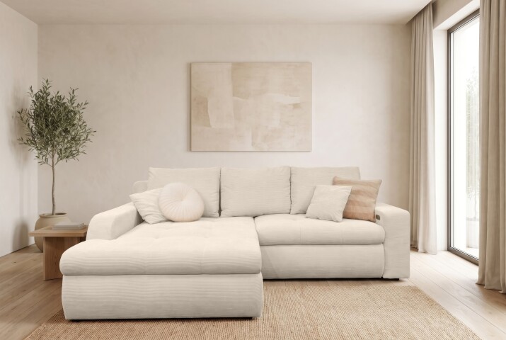 Polsterecke >Luno< elektr. Sitztiefenverstellung, Feincord creme - 241x89x175cm (BxHxT)
