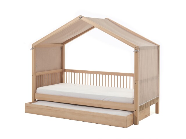 Hausbett >Fagus< Bettschublade + Textilhimmel, Buche massiv - 207,5x170x97,5 (BxHxT)